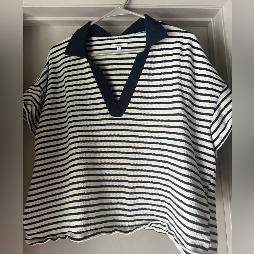 Maurices Navy and White Striped polo Top